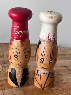 Vintage MCM wooden chef salt and pepper shakers